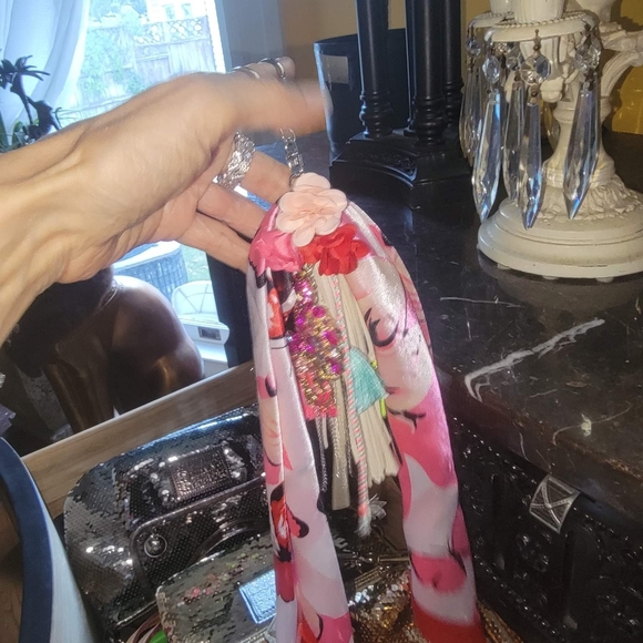 Pink crystal flamingo tassels bow purse charm Keychain - Picture 4 of 8
